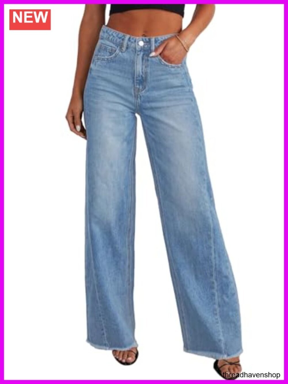 PRETTYGARDEN Women's Wide Leg Jeans Raw Hem Stretchy High Waist Palazzo Denim